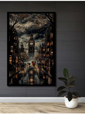 Teona Ahşap Çerçeve Görünümlü Londra Gece Yağmur Ahşap Mdf Dekoratif Ev Duvar Tablo Dikdörtgen Ev Duvar Tablo