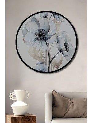 Teona Ahşap Çerçeve Görünümlü Beyaz Çiçekler Elegan Dekoratif Ahşap Mdf Ev Duvar Tablo Yuvarlak Ev Duvar Tablo