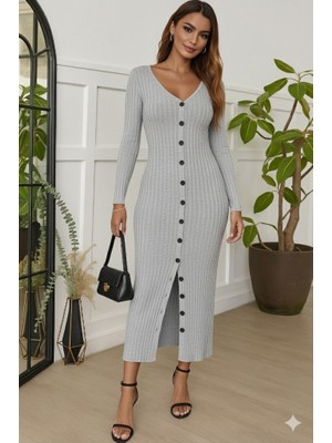Arben Boutique Kadın Uzun Kollu V Yakalı Önden Düğmeli Şardonlu Kaşkorse Elbise