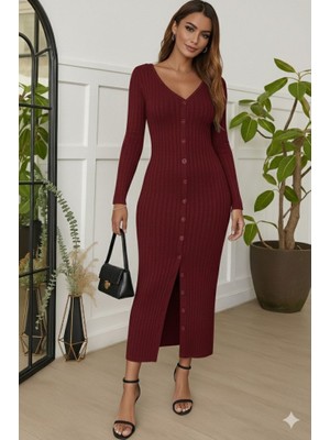 Arben Boutique Kadın Uzun Kollu V Yakalı Önden Düğmeli Şardonlu Kaşkorse Elbise