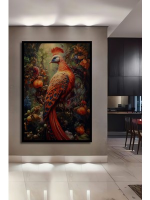 Teona Ahşap Çerçeve Görünümlü Görkemli Tavus Kuşu Ahşap Mdf Dekoratif Ev Duvar Tablo Dikdörtgen Ev Duvar Tablo