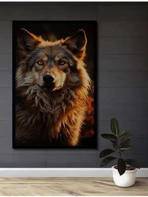 Teona Ahşap Çerçeve Görünümlü Kurt Portresi Dekoratif Ahşap Mdf Ev Duvar Tablo Dikdörtgen Ev Duvar Tablo