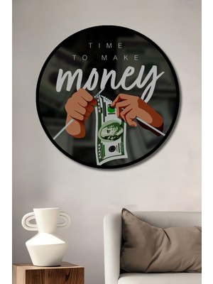 Teona Ahşap Çerçeve Görünümlü Para Kazanma Zamanı Ahşap Mdf Dekoratif Ev Duvar Tablo Yuvarlak Ev Duvar Tablo