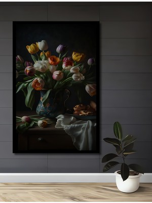 Teona Ahşap Çerçeve Görünümlü Renkli Lale Buketi Dekoratif Ahşap Mdf Ev Duvar Tablo Dikdörtgen Ev Duvar Tablo