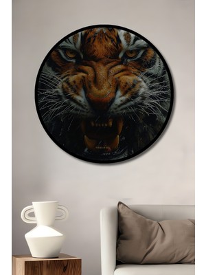 Teona Ahşap Çerçeve Görünümlü Ürkütücü Kaplan Dekoratif Ahşap Mdf Ev Duvar Tablo Yuvarlak Ev Duvar Tablo