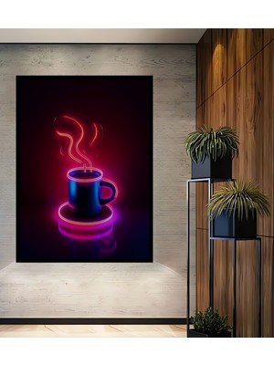 Teona Ahşap Çerçeve Görünümlü Neon Kahve Fincanı Ahşap Mdf Dekoratif Ev Duvar Tablo Dikdörtgen Ev Duvar Tablo