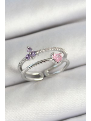 Evyora Pirinç Kalp ve Çiçek Figürlü Zirkon Taşlı Gümüş Renk Ayarlanabilir Kadın Yüzük