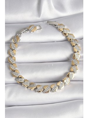 Evyora Pirinç Mix Renk Kalp Model Zirkon Taşlı Vıp Seri Kadın Bileklik