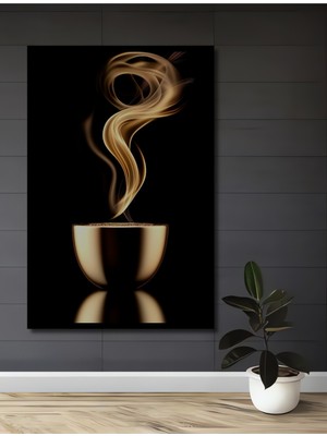 Teona Ahşap Çerçeve Görünümlü Altın Fincanda Yükselen Duman Dekoratif Ahşap Mdf Tablo Dikdörtgen Tablo