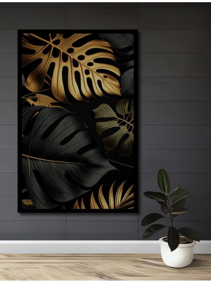 Teona Ahşap Çerçeve Görünümlü Altın Yapraklar Dekoratif Ahşap Mdf Ev Duvar Tablo Dikdörtgen Ev Duvar Tablo