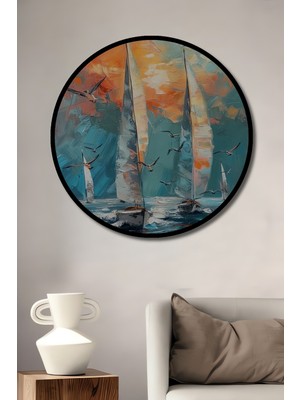 Teona Ahşap Çerçeve Görünümlü Yelkenli Rüyası Dekoratif Ahşap Mdf Ev Duvar Tablo Yuvarlak Ev Duvar Tablo
