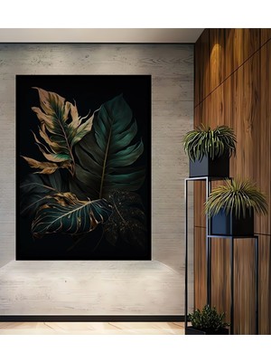 Teona Ahşap Çerçeve Görünümlü Tropikal Yapraklarla Modern Ahşap Mdf Dekoratif Tablo Dikdörtgen Tablo