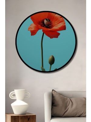 Teona Ahşap Çerçeve Görünümlü Gelincik Çiçeği Dekoratif Ahşap Mdf Ev Duvar Tablo Yuvarlak Ev Duvar Tablo