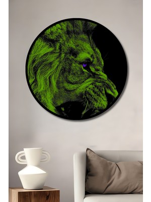 Teona Ahşap Çerçeve Görünümlü Yeşil Neon Aslan Dekoratif Ahşap Mdf Ev Duvar Tablo Yuvarlak Ev Duvar Tablo