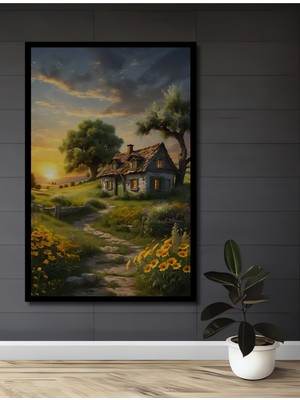 Teona Ahşap Çerçeve Görünümlü Gün Batımı Kır Evi Dekoratif Ahşap Mdf Ev Duvar Tablo Dikdörtgen Ev Duvar Tablo