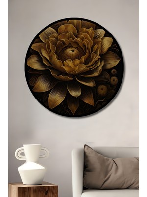 Teona Ahşap Çerçeve Görünümlü Altın Çiçek Dekoratif Ahşap Mdf Işyeri Duvar Tablo Yuvarlak Işyeri Duvar Tablo