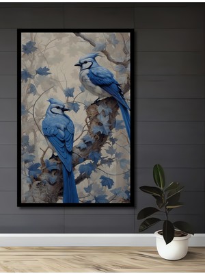 Teona Ahşap Çerçeve Görünümlü Mavi Kuşlar Dekoratif Ahşap Mdf Ev Duvar Tablo Dikdörtgen Ev Duvar Tablo