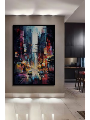 Teona Ahşap Çerçeve Görünümlü Soyut Kentsel Gece Manzarası Dekoratif Ahşap Mdf Tablo Dikdörtgen Tablo