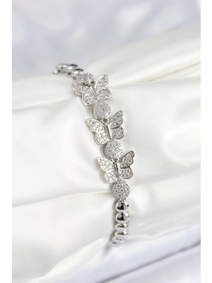 Evyora Pirinç Zirkon Taşlı Kelebek Model Gümüş Renk Kadın Bileklik