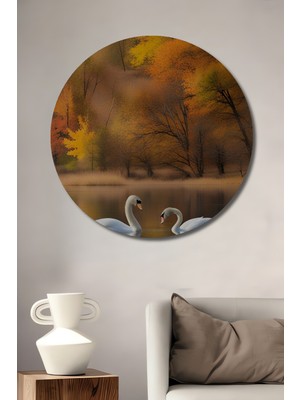Teona Ahşap Sonbahar Gölünde Kuğular Ahşap Mdf Dekoratif Ev/işyeri Duvar Tablo Yuvarlak Ev/işyeri Duvar Tablo