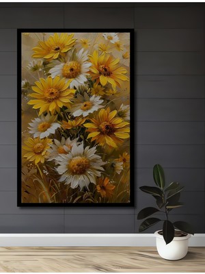 Teona Ahşap Çerçeve Görünümlü Sarı Papatya Buketi Dekoratif Ahşap Mdf Ev Duvar Tablo Dikdörtgen Ev Duvar Tablo