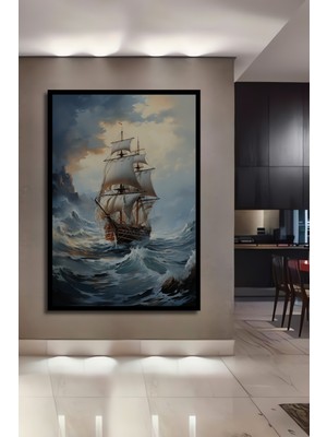 Teona Ahşap Çerçeve Görünümlü Fırtınalı Denizlerde Efsane Gemisi Ahşap Mdf Dekoratif Tablo Dikdörtgen Tablo