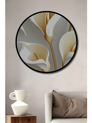 Teona Ahşap Çerçeve Görünümlü Zarif Kalla Çiçekleri Ahşap Mdf Dekoratif Ev Duvar Tablo Yuvarlak Ev Duvar Tablo