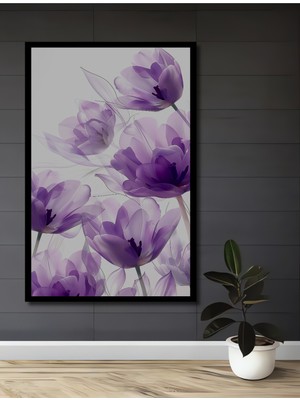 Teona Ahşap Çerçeve Görünümlü Mor Laleler Ahşap Mdf Dekoratif Ev Duvar Tablo Dikdörtgen Ev Duvar Tablo