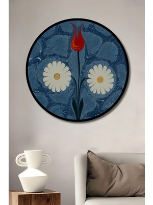 Teona Ahşap Çerçeve Görünümlü Lale ve Papatyalar Ahşap Mdf Dekoratif Ev Duvar Tablo Yuvarlak Ev Duvar Tablo