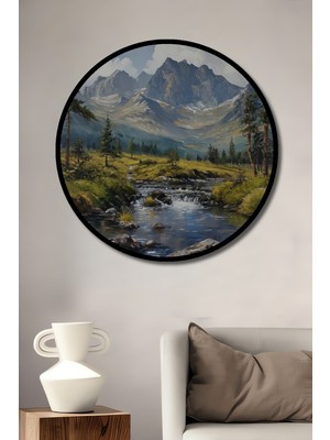 Teona Ahşap Çerçeve Görünümlü Dağ Manzaralı Dekoratif Ahşap Mdf Ev Duvar Tablo Yuvarlak Ev Duvar Tablo