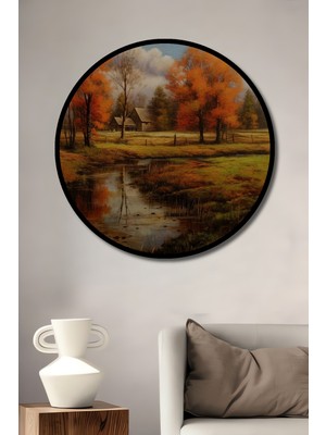Teona Ahşap Çerçeve Görünümlü Sonbahar Manzaralı Ahşap Mdf Dekoratif Ev Duvar Tablo Yuvarlak Ev Duvar Tablo