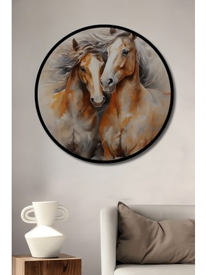 Teona Ahşap Çerçeve Görünümlü Asil Atlar Ahşap Mdf Dekoratif Işyeri Duvar Tablo Yuvarlak Işyeri Duvar Tablo