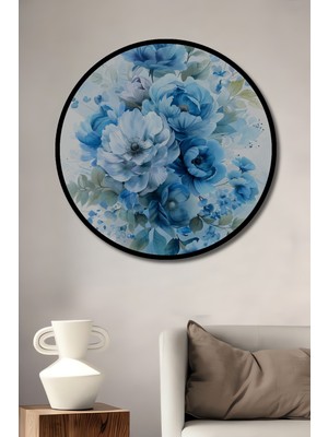 Teona Ahşap Çerçeve Görünümlü Mavi Çiçek Buketi Dekoratif Ahşap Mdf Ev Duvar Tablo Yuvarlak Ev Duvar Tablo