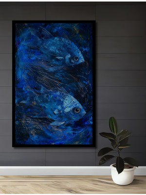 Teona Ahşap Çerçeve Görünümlü Mavi Balıklar Dekoratif Ahşap Mdf Ev Duvar Tablo Dikdörtgen Ev Duvar Tablo