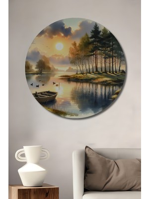 Teona Ahşap Gün Batımında Göldeki Huzur Ahşap Mdf Dekoratif Işyeri Duvar Tablo Yuvarlak Işyeri Duvar Tablo