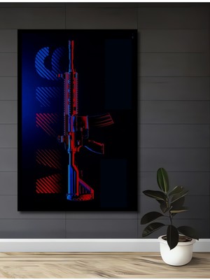 Teona Ahşap Çerçeve Görünümlü 3D Neon Tüfek Dekoratif Ahşap Mdf Ev Duvar Tablo Dikdörtgen Ev Duvar Tablo