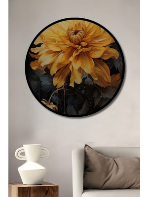 Teona Ahşap Çerçeve Görünümlü Altın Bahar Çiçeği Dekoratif Ahşap Mdf Ev Duvar Tablo Yuvarlak Ev Duvar Tablo