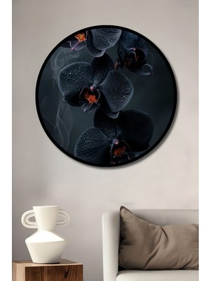 Teona Ahşap Çerçeve Görünümlü Siyah Orkide Dekoratif Ahşap Mdf Işyeri Duvar Tablo Yuvarlak Işyeri Duvar Tablo