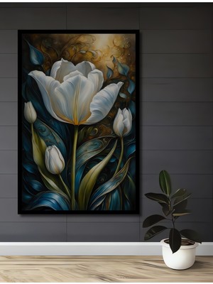 Teona Ahşap Çerçeve Görünümlü Zarif Beyaz Lale Ahşap Mdf Dekoratif Ev Duvar Tablo Dikdörtgen Ev Duvar Tablo