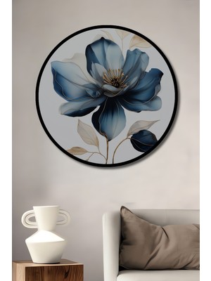 Teona Ahşap Çerçeve Görünümlü Mavi Çiçek Ahşap Mdf Dekoratif Işyeri Duvar Tablo Yuvarlak Işyeri Duvar Tablo