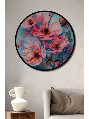 Teona Ahşap Çerçeve Görünümlü Renkli Çiçekler Ahşap Mdf Dekoratif Ev Duvar Tablo Yuvarlak Ev Duvar Tablo