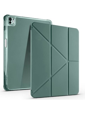 Marsilyan iPad Pro 13 2025 M5 Kılıf Zore Tri Folding Kalem Bölmeli Standlı Kılıf - Koyu Yeşil