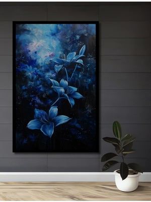 Teona Ahşap Çerçeve Görünümlü Mavi Çiçek Soyut Dekoratif Ahşap Mdf Ev Duvar Tablo Dikdörtgen Ev Duvar Tablo