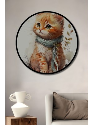 Teona Ahşap Çerçeve Görünümlü Sevimli Kedi Ahşap Mdf Dekoratif Işyeri Duvar Tablo Yuvarlak Işyeri Duvar Tablo