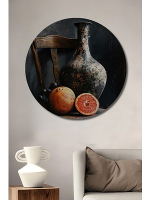 Teona Ahşap Narenciye ve Seramik Vazo Dekoratif Ahşap Mdf Yuvarlak Ev,iş Yeri Duvar Tablo