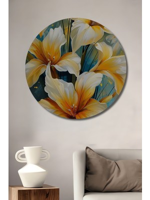 Teona Ahşap Sarı Zambaklar Dekoratif Ahşap Mdf Ev/işyeri Duvar Tablo Yuvarlak Ev/işyeri Duvar Tablo