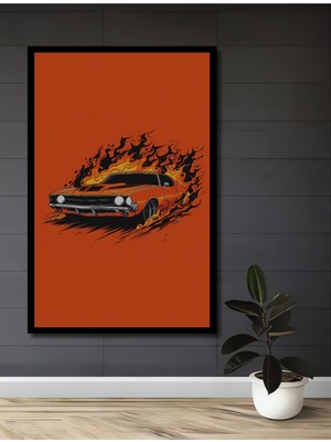 Teona Ahşap Çerçeve Görünümlü Alevli Klasik Araba Ahşap Mdf Dekoratif Ev Duvar Tablo Dikdörtgen Ev Duvar Tablo