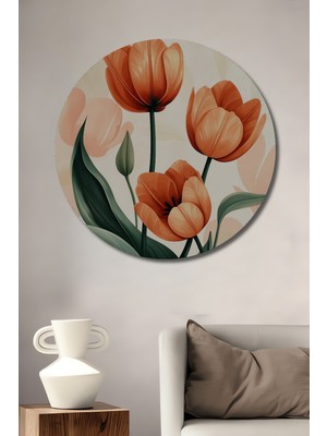 Teona Ahşap Turuncu Laleler Dekoratif Ahşap Mdf Ev/işyeri Duvar Tablo Yuvarlak Ev/işyeri Duvar Tablo