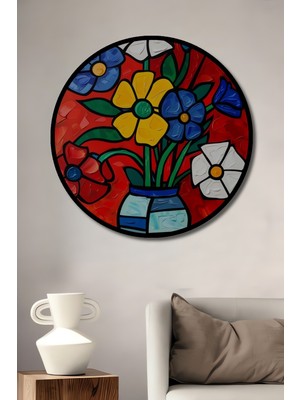 Teona Ahşap Çerçeve Görünümlü Renkli Çiçek Vazo Dekoratif Ahşap Mdf Ev Duvar Tablo Yuvarlak Ev Duvar Tablo