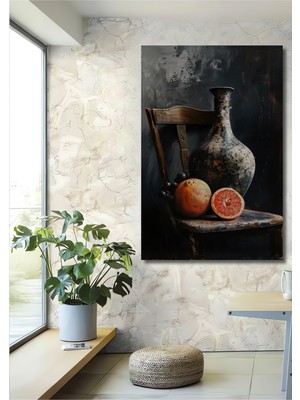 Teona Ahşap Antik Vazo ve Nar ile Natürmort Dekoratif Ahşap Mdf Dikdörtgen Ev,iş Yeri Duvar Tablo